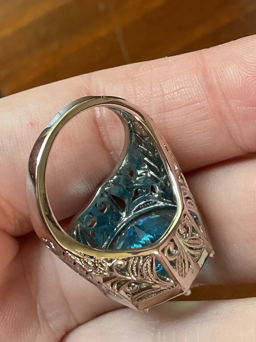 Art Deco Revival Sterling Silver Open Filigree Blue Crystal Ring Size 7